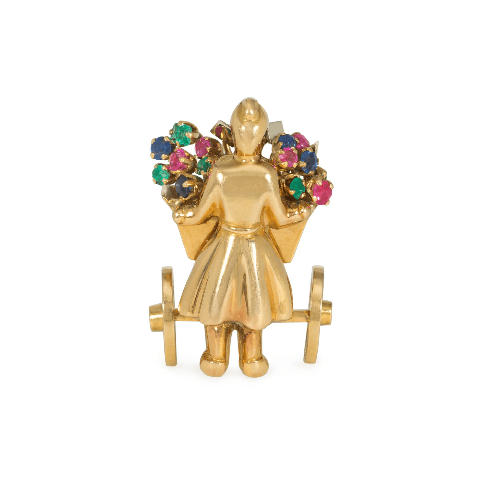 Mellerio French Retro 18KT Yellow Gold Ruby, Emerald & Sapphire Flower Cart Brooch front