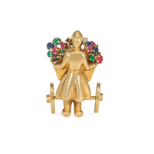 Mellerio French Retro 18KT Yellow Gold Ruby, Emerald & Sapphire Flower Cart Brooch front