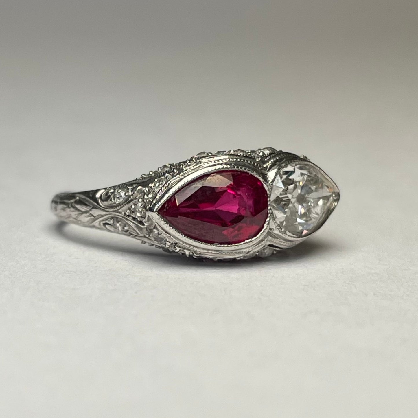 Edwardian Platinum Burma Ruby & Diamond Ring front side