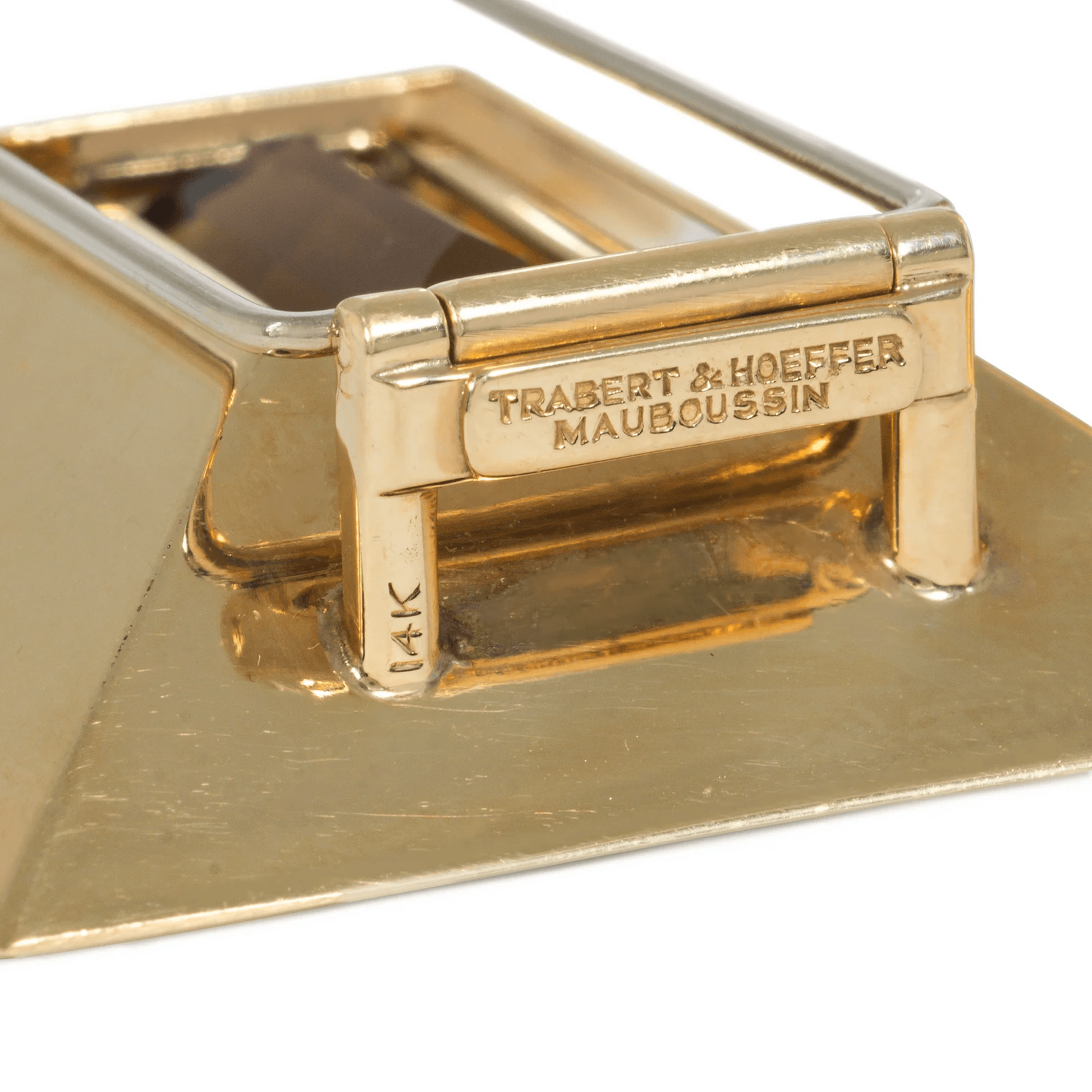 Trabert & Hoeffer Mauboussin 1940s 14KT Yellow Gold Citrine Clip Brooches close-up of signature
