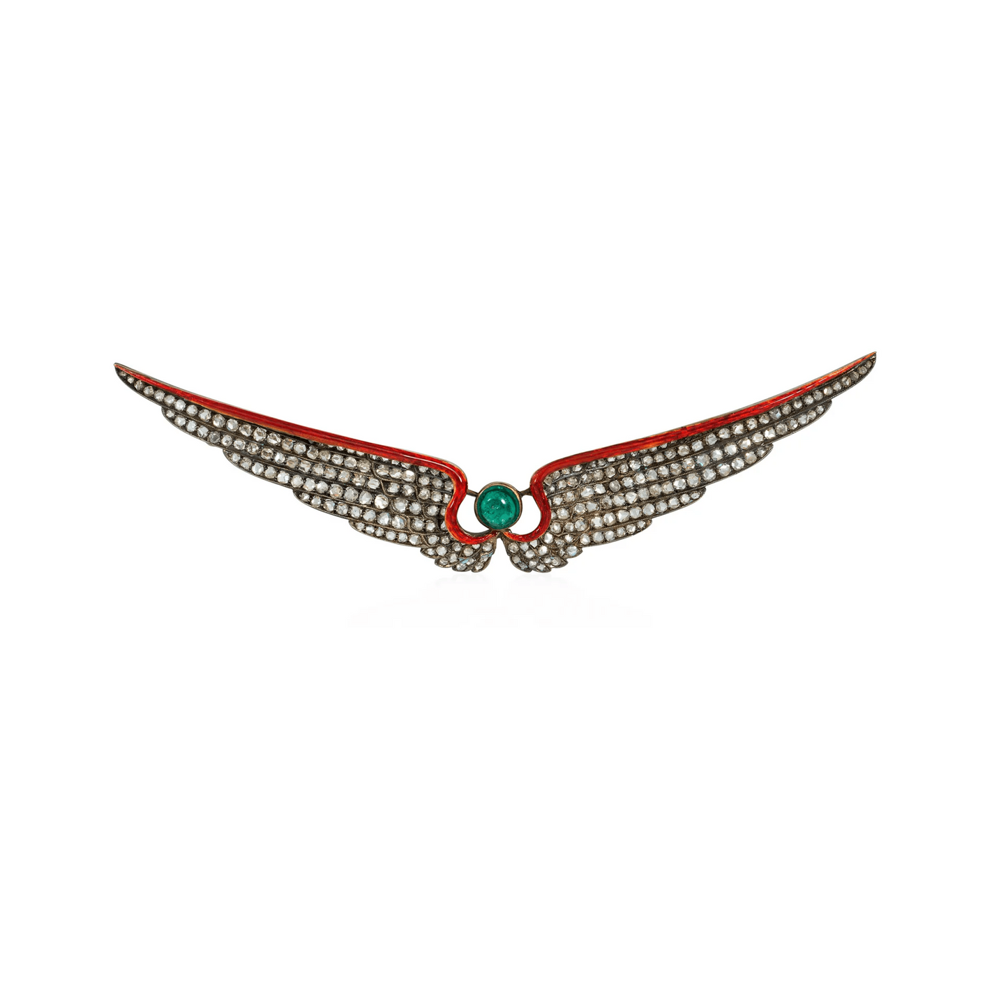 Victorian Silver & 14KT Yellow Gold Emerald, Diamond & Enamel Brooch front