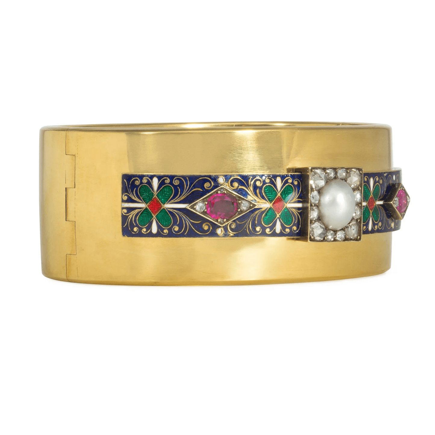 15KT Yellow Gold Diamond, Enamel, Pearl & Ruby Cuff Bracelet side