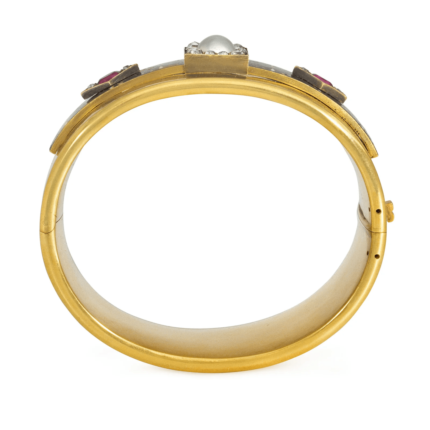 15KT Yellow Gold Diamond, Enamel, Pearl & Ruby Cuff Bracelet profile