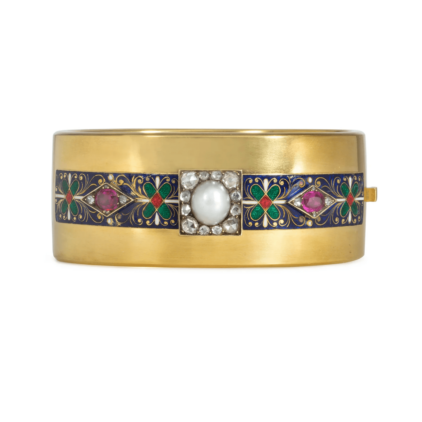 15KT Yellow Gold Diamond, Enamel, Pearl & Ruby Cuff Bracelet front