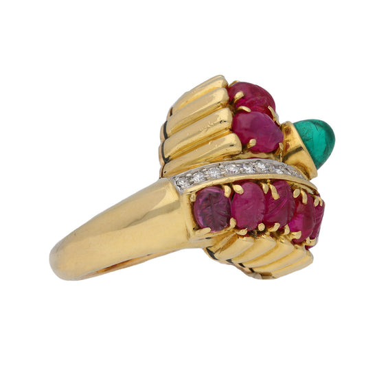 Marchak Paris 1950s Platinum & 18KT Yellow Gold Emerald, Diamond & Ruby Ring side