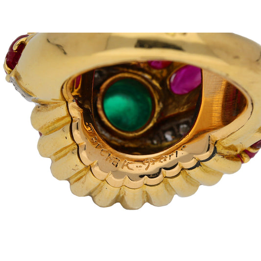 Marchak Paris 1950s Platinum & 18KT Yellow Gold Emerald, Diamond & Ruby Ring close-up of signature