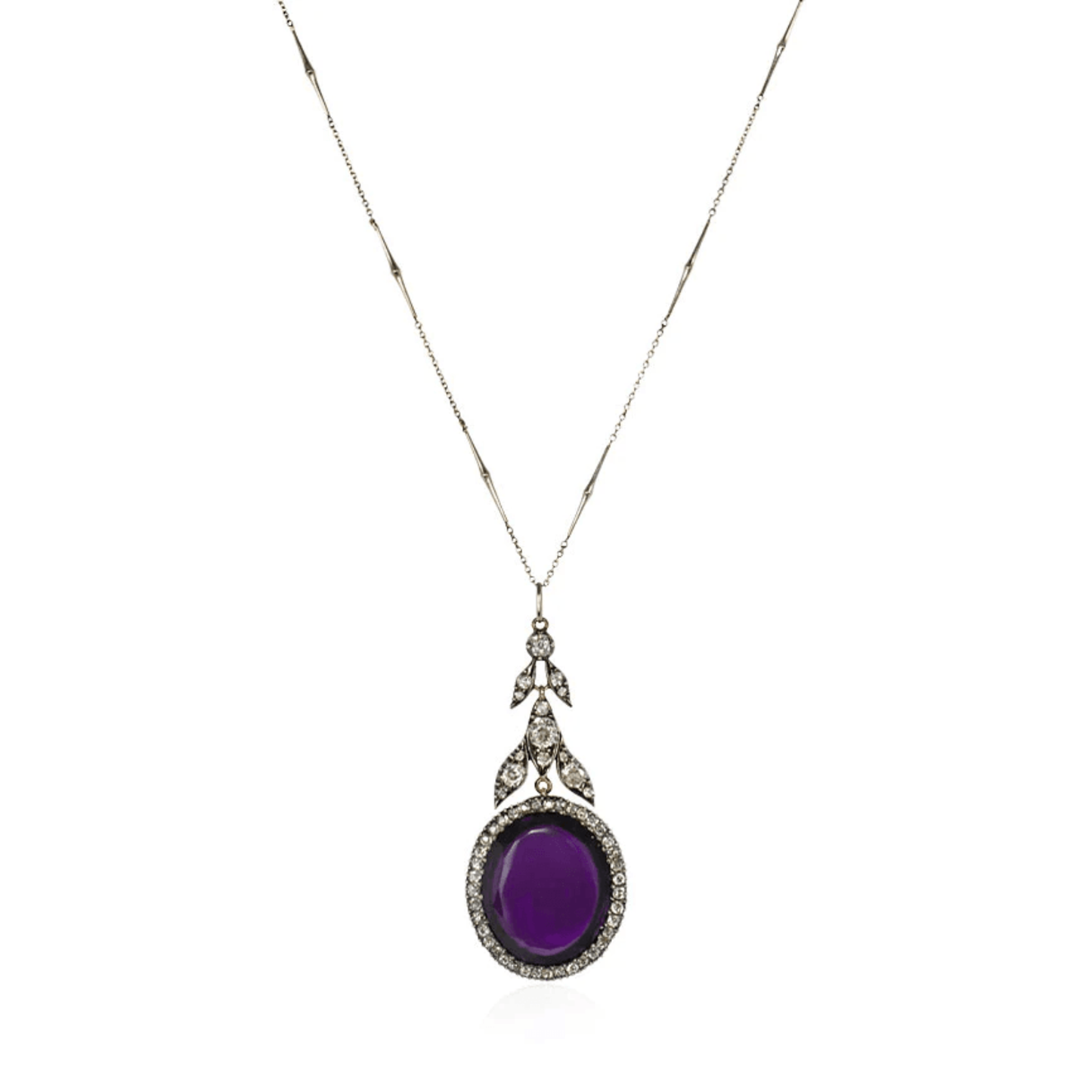 Antique Silver & 18KT Yellow Gold Amethyst & Diamond Pendant Necklace front
