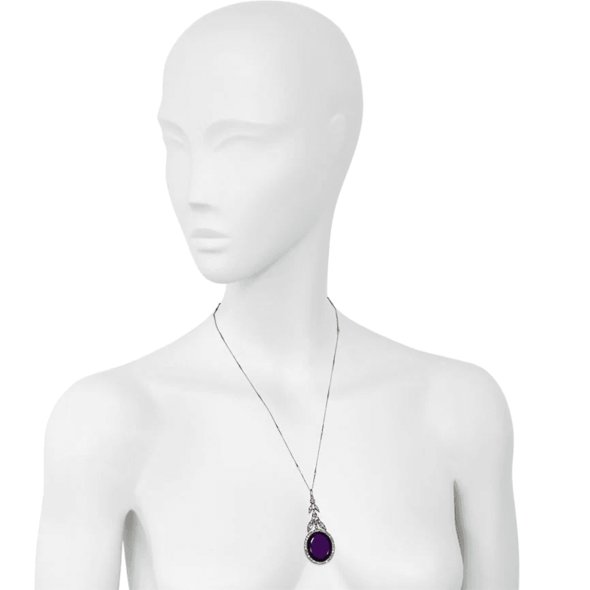 Antique Silver & 18KT Yellow Gold Amethyst & Diamond Pendant Necklace worn on neck