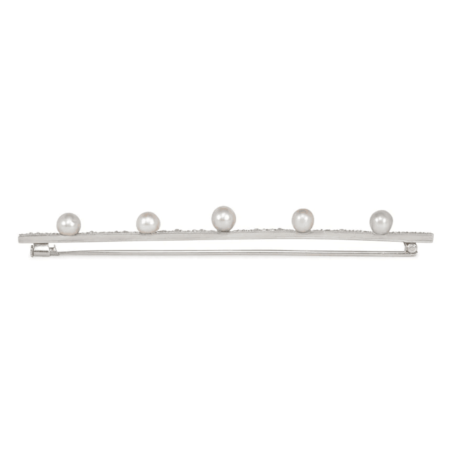 French Art Deco Platinum & 18KT Yellow Gold Diamond & Natural Pearl Bar Brooch side