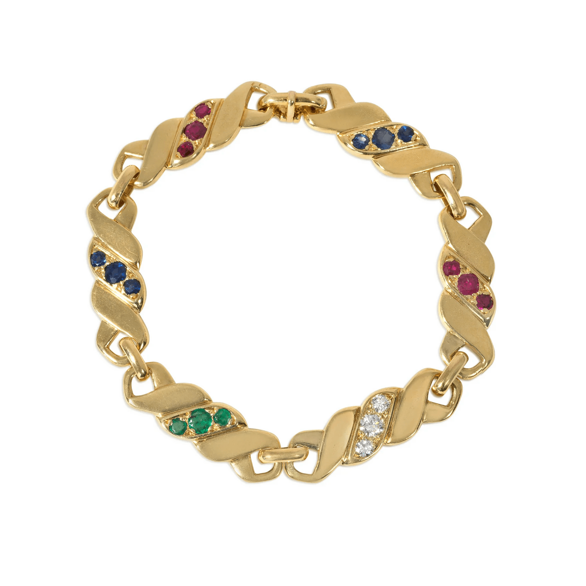 Maison Gerard French 1970s 18KT Yellow Gold Diamond, Emerald, Ruby & Sapphire Bracelet front