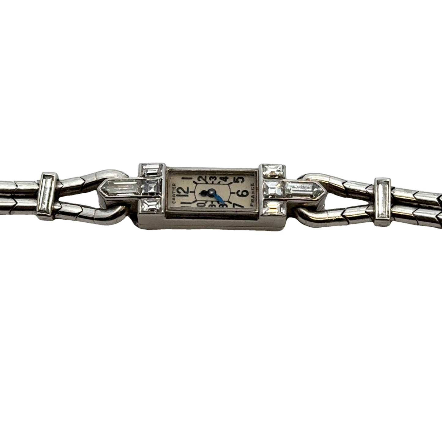 Cartier Paris Art Deco Platinum Diamond Watch Bracelet close-up of watch face