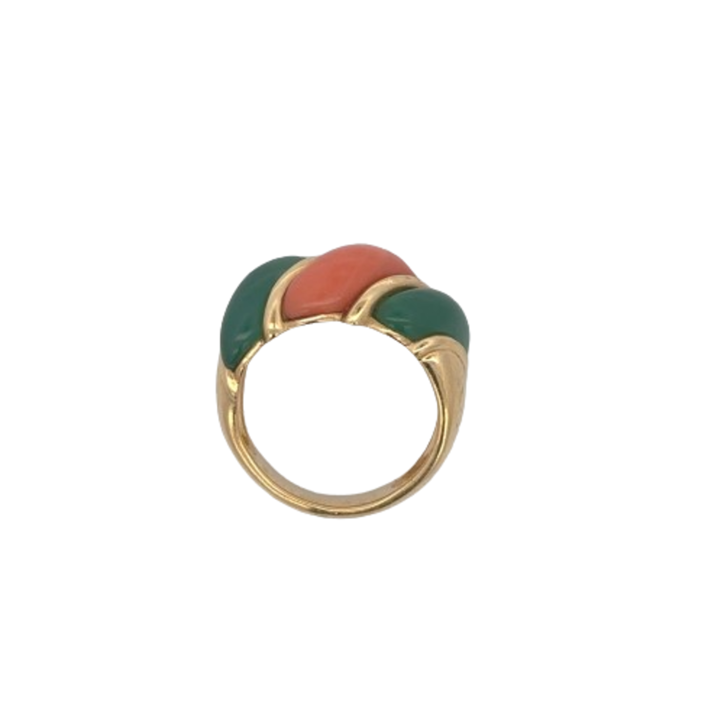 Van Cleef & Arpels French 1980s 18KT Yellow Gold Chalcedony & Coral Ring profile