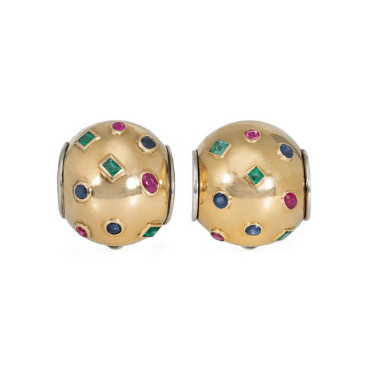 Suzanne Belperron French 1940s Silver & 18KT Yellow Gold Emerald, Ruby & Sapphire Brooches front