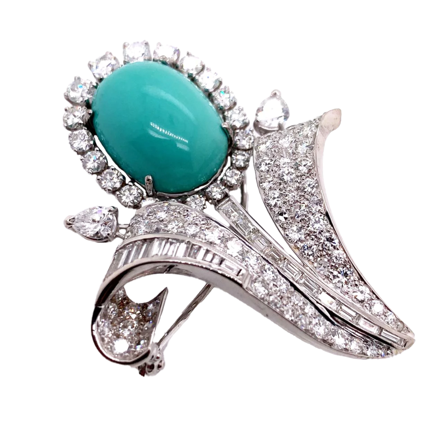 1970s Platinum Turquoise & Diamond Flower Brooch front