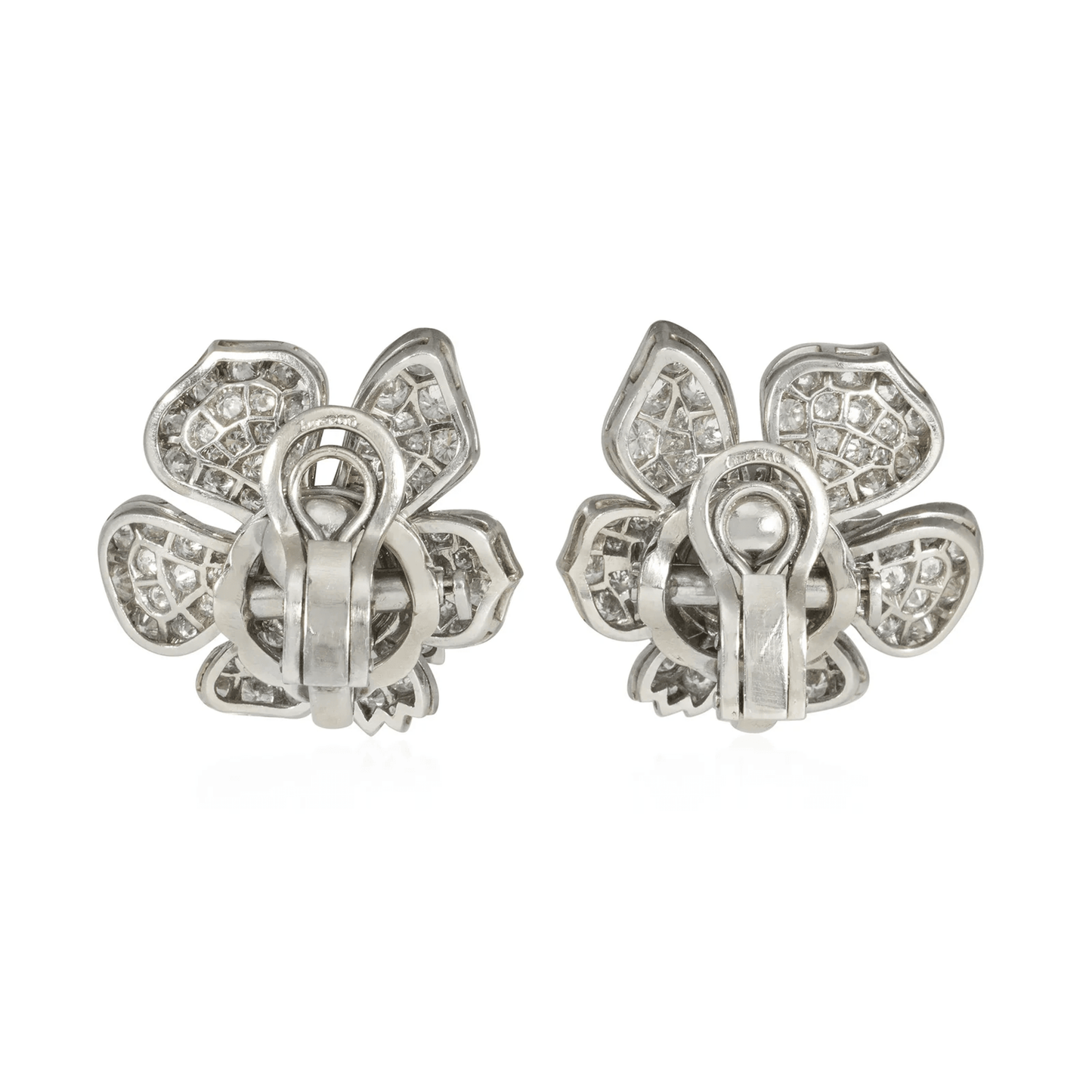French 1950s Platinum Diamond & Pearl Flower Earrings back