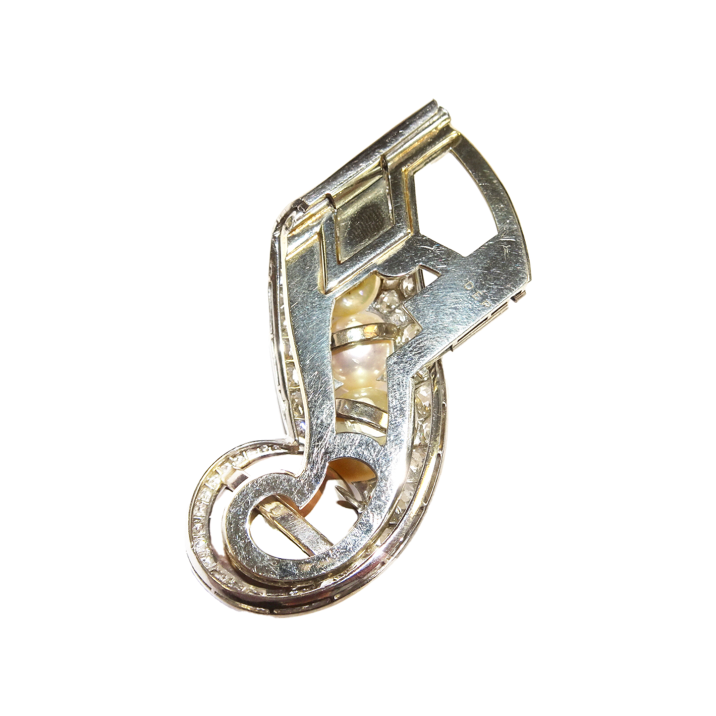 Rene Boivin French 1940s Platinum & 18KT Yellow Gold Diamond & Cultured Pearl Brooch back