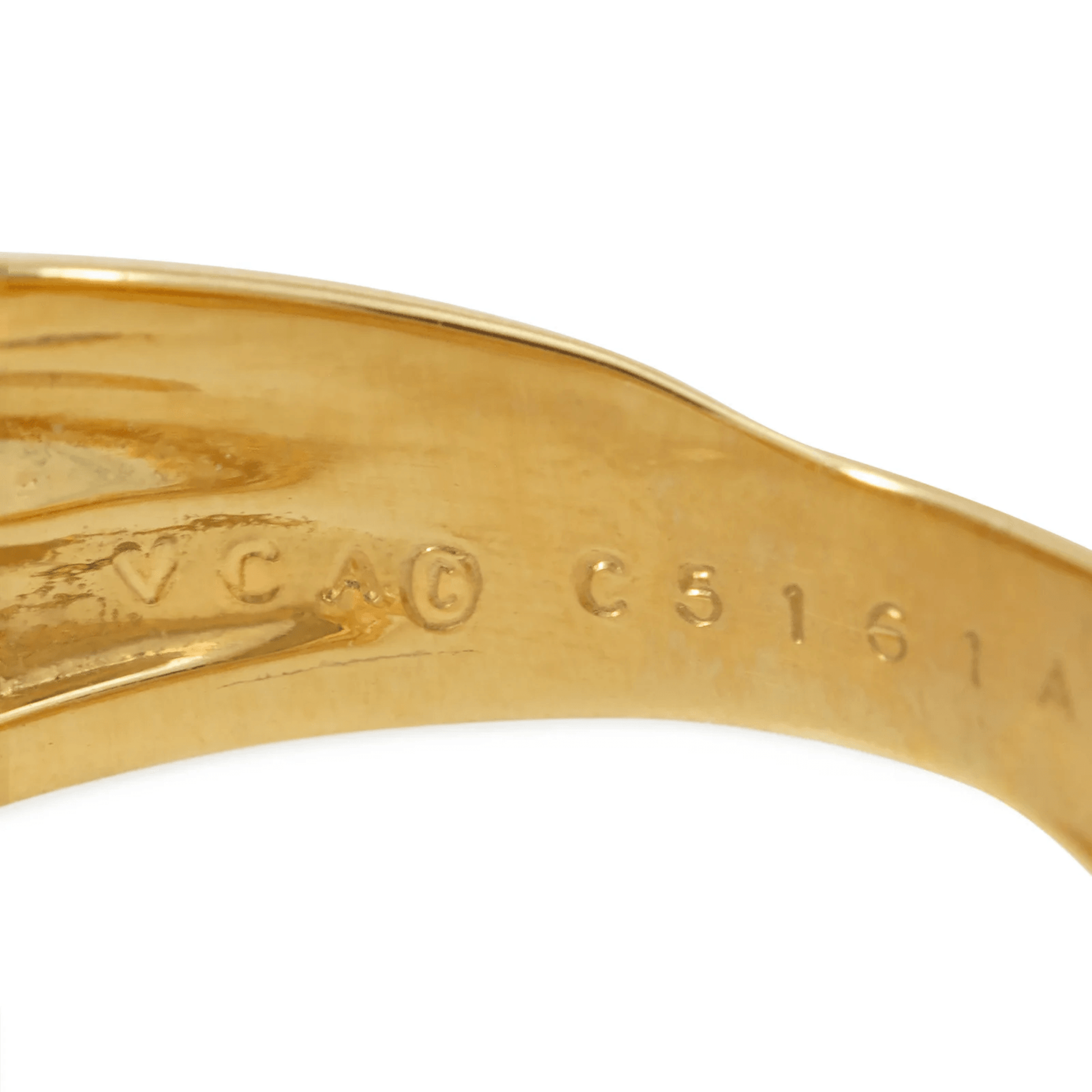 Van Cleef & Arpels French 1980s 18KT Yellow Gold Diamond Bombé Ring close-up of signature