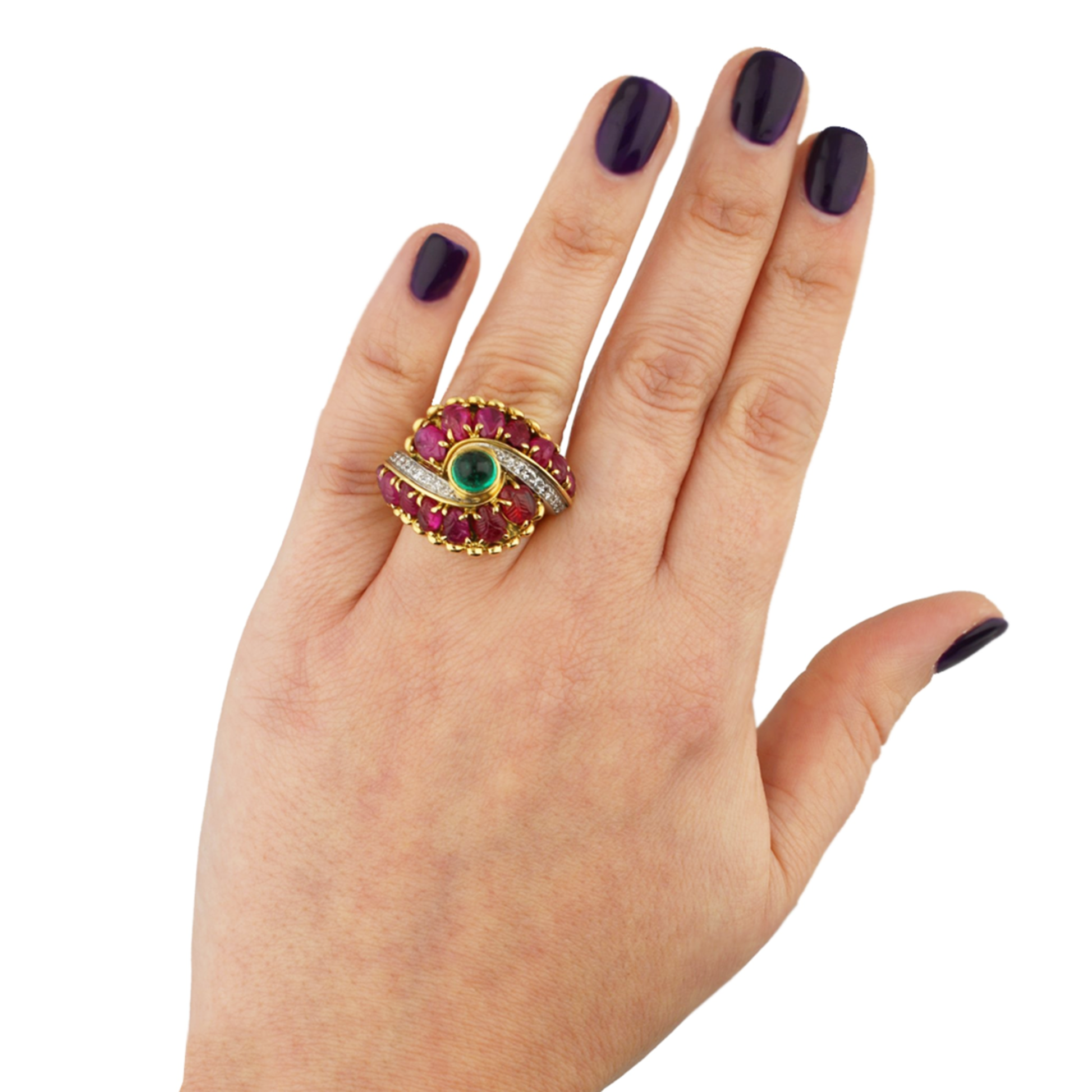 Marchak Paris 1950s Platinum & 18KT Yellow Gold Emerald, Diamond & Ruby Ring on hand