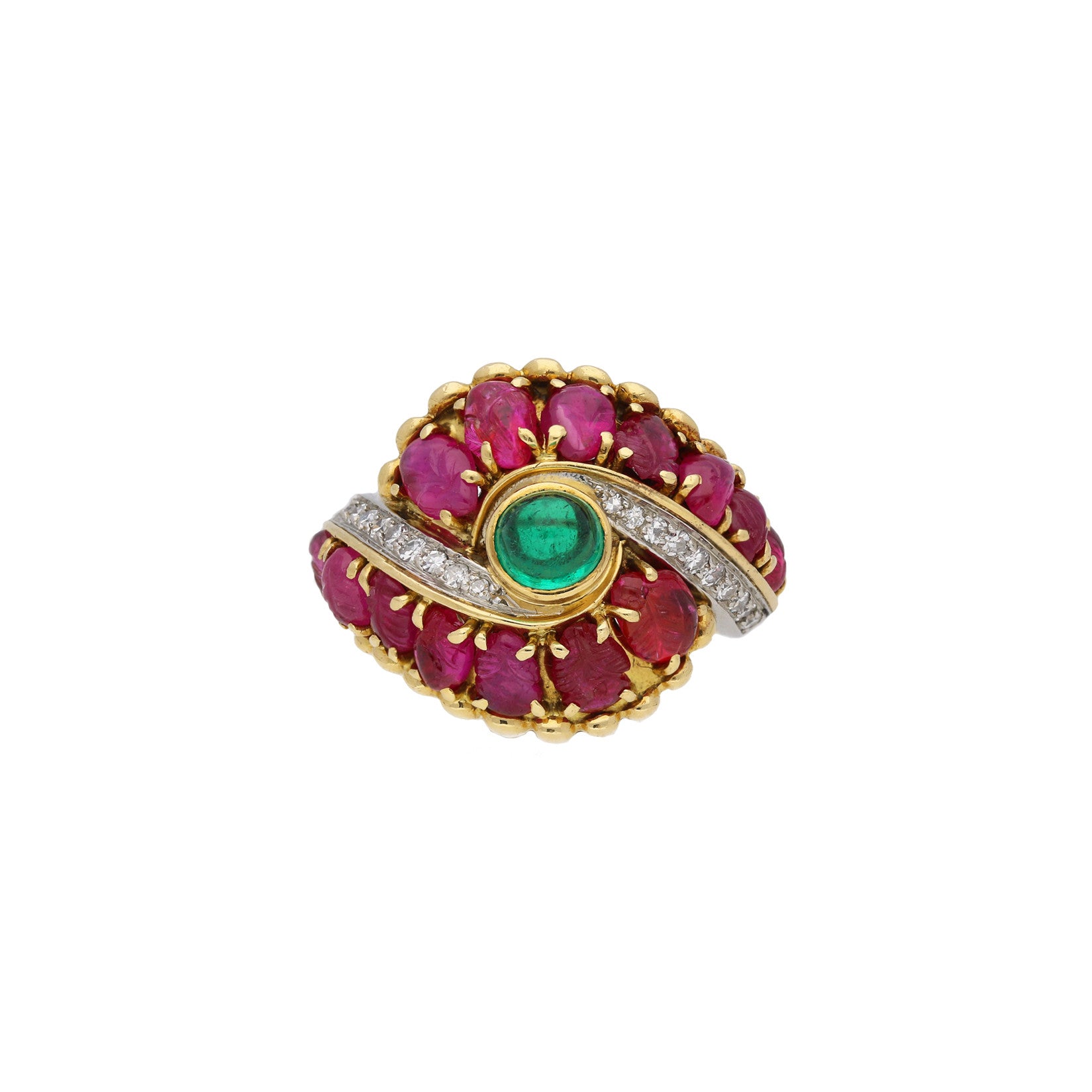 Marchak Paris 1950s Platinum & 18KT Yellow Gold Emerald, Diamond & Ruby Ring front