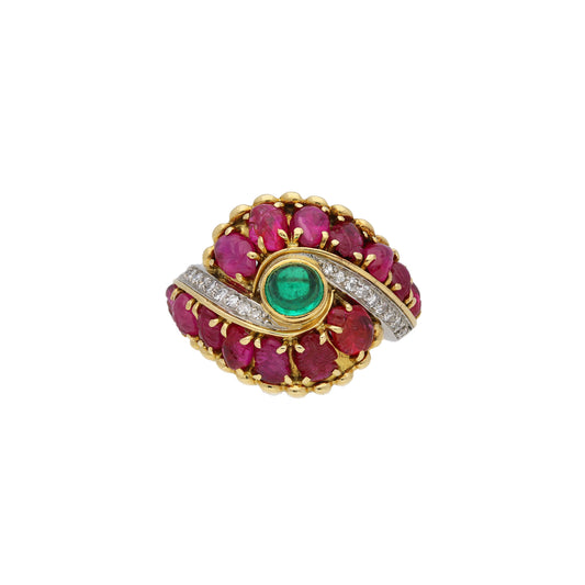 Marchak Paris 1950s Platinum & 18KT Yellow Gold Emerald, Diamond & Ruby Ring front