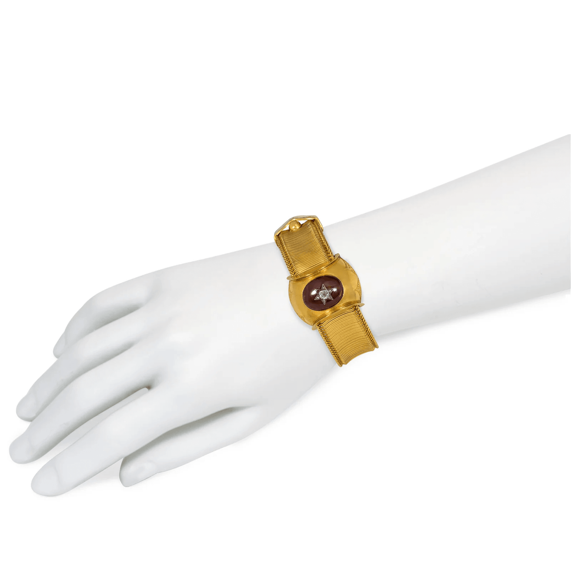 Victorian 15KT Yellow Gold Garnet & Diamond Bracelet on wrist