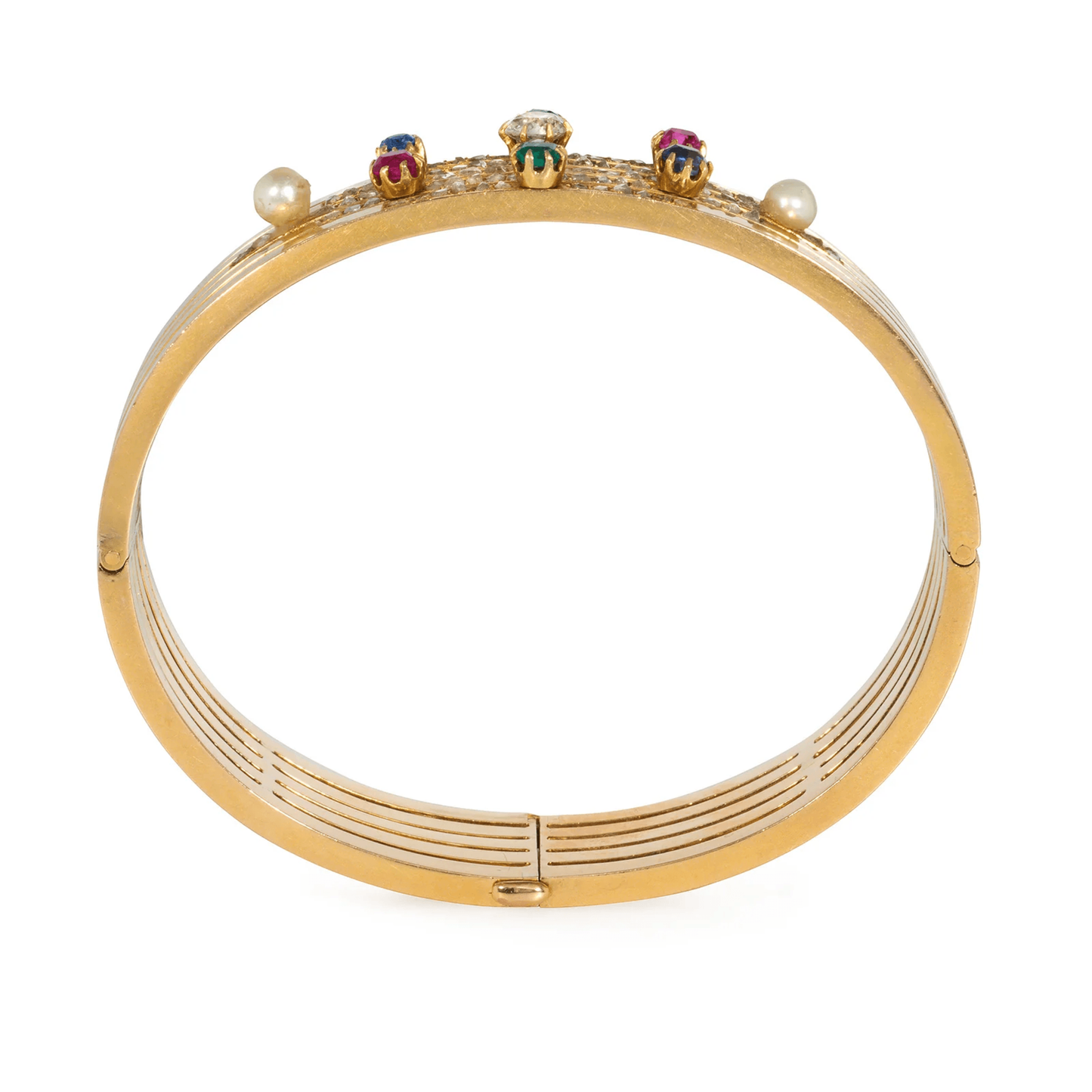Antique 18KT Yellow Gold Multigem Bangle Bracelet profile