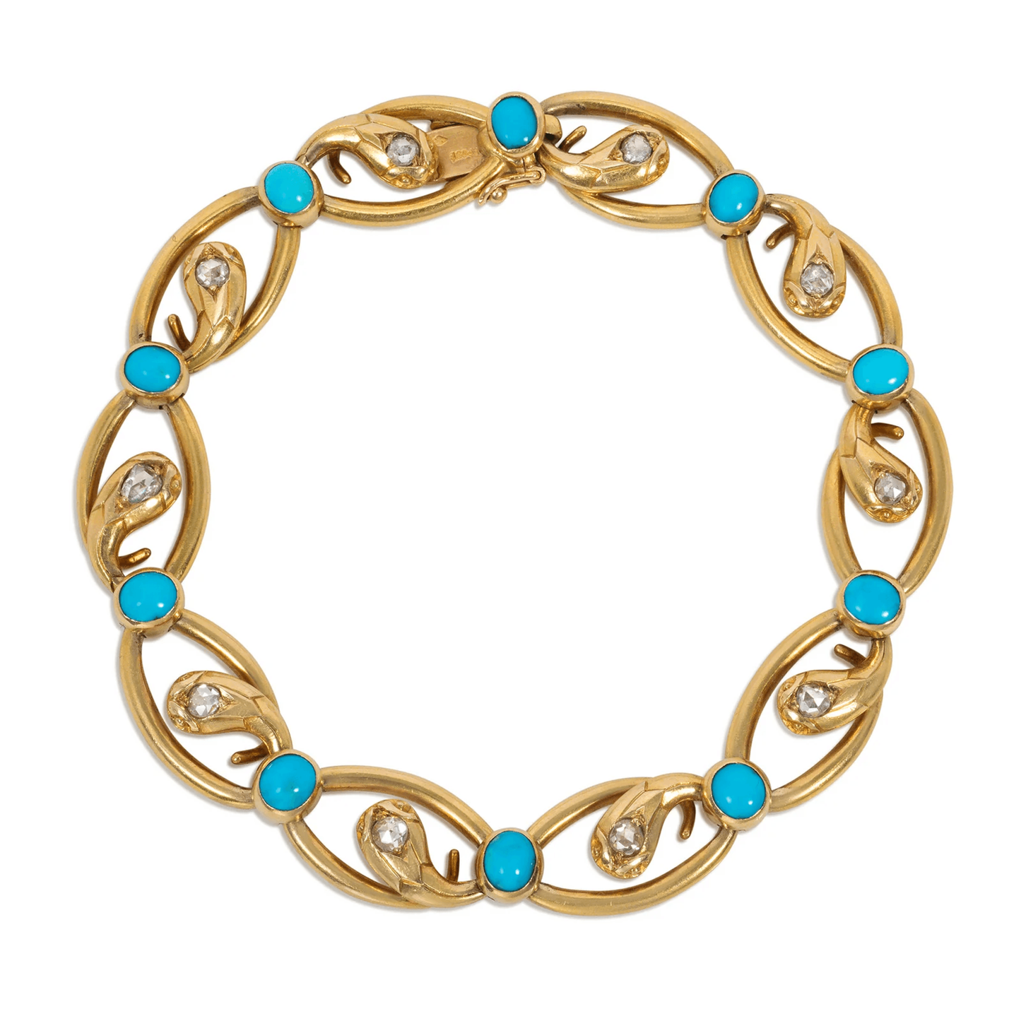 French Antique 18KT Yellow Gold Diamond & Turquoise Snake Bracelet front