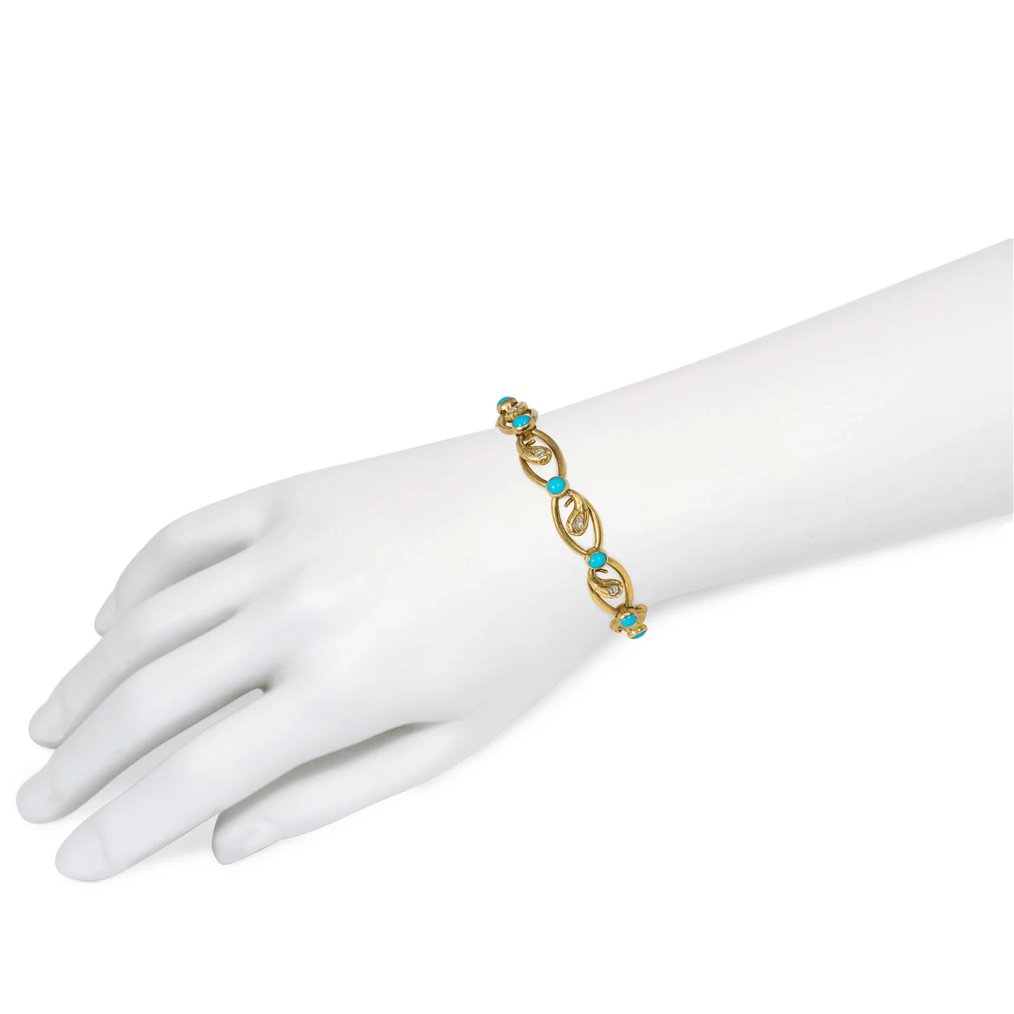 French Antique 18KT Yellow Gold Diamond & Turquoise Snake Bracelet on wrist