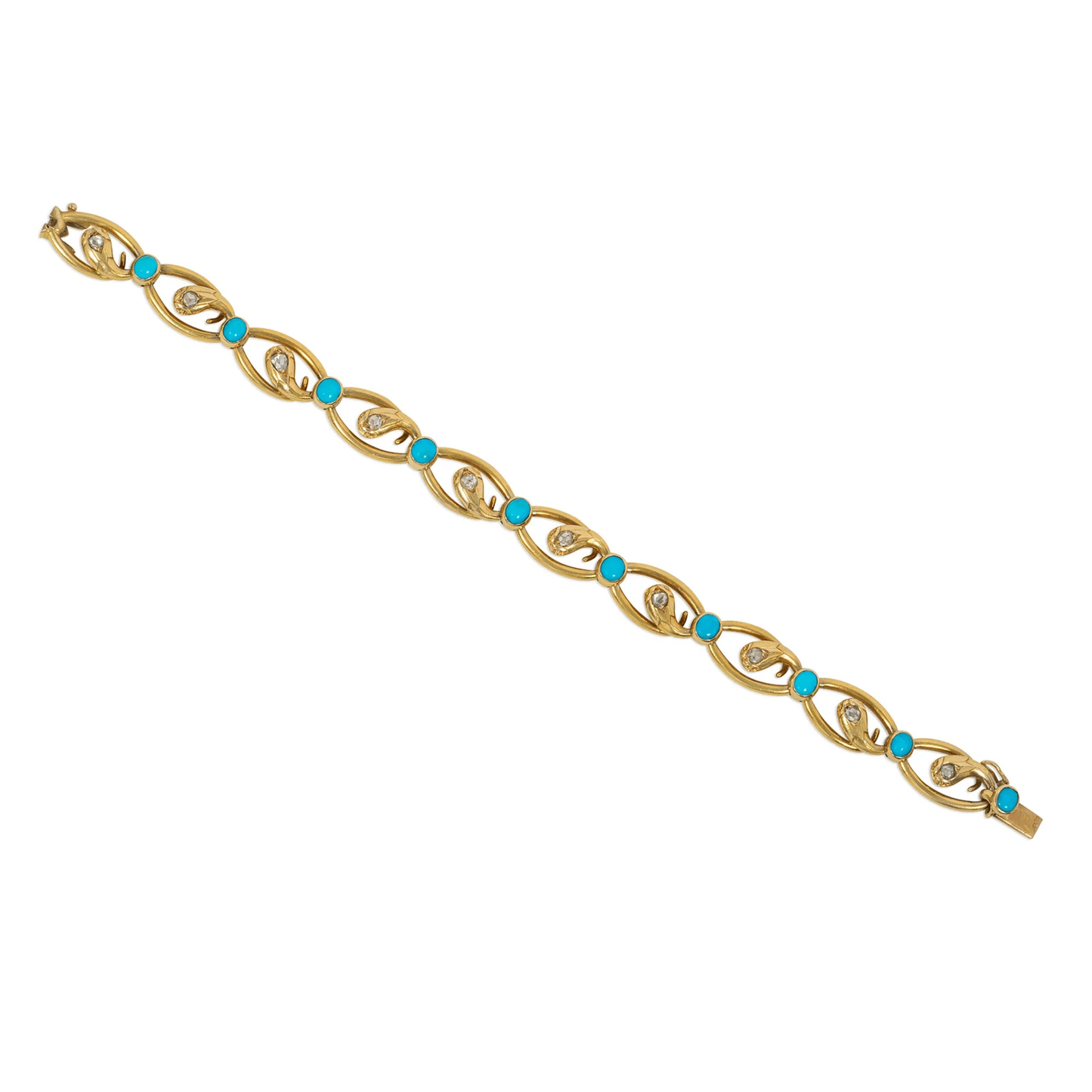 French Antique 18KT Yellow Gold Diamond & Turquoise Snake Bracelet front