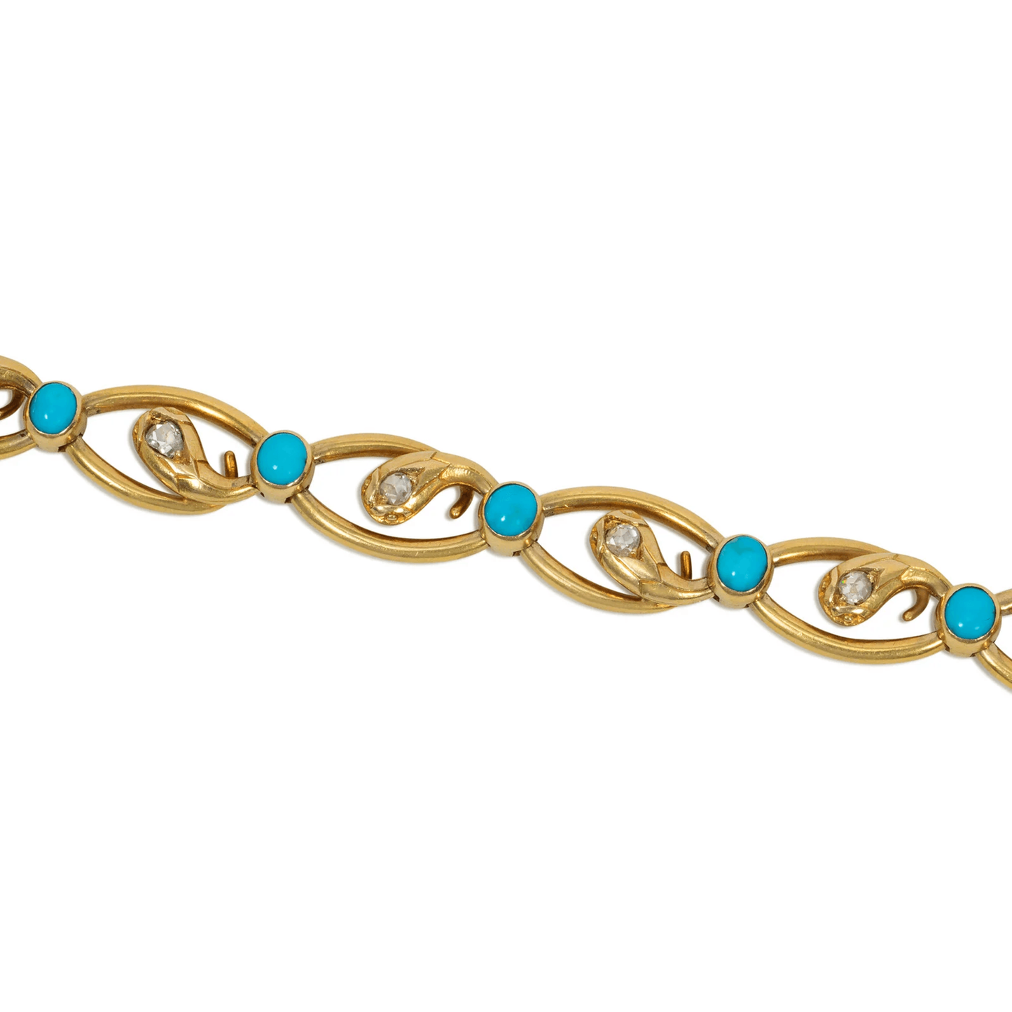 French Antique 18KT Yellow Gold Diamond & Turquoise Snake Bracelet close-up details