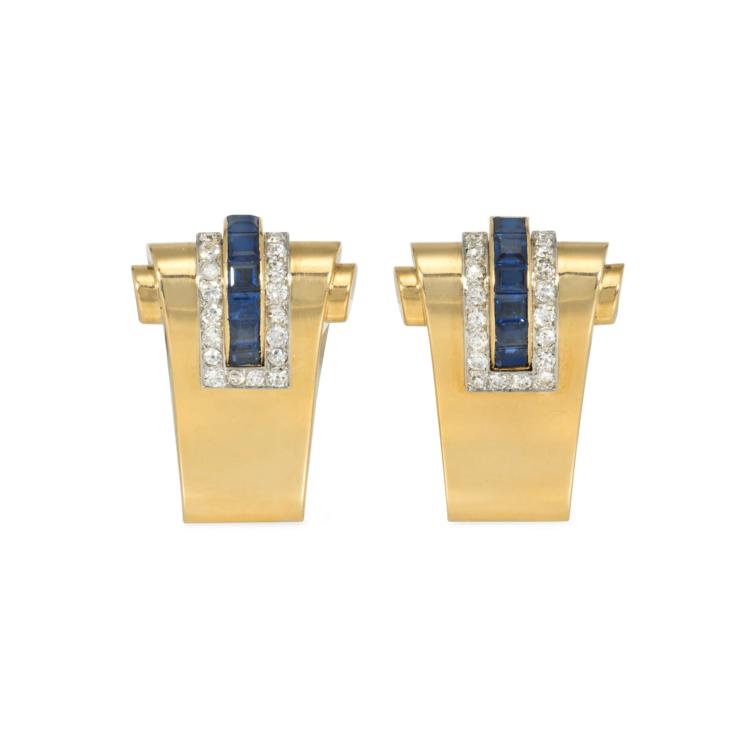 Boucheron Paris Retro Platinum & 18KT Yellow Gold Diamond & Sapphire Clips