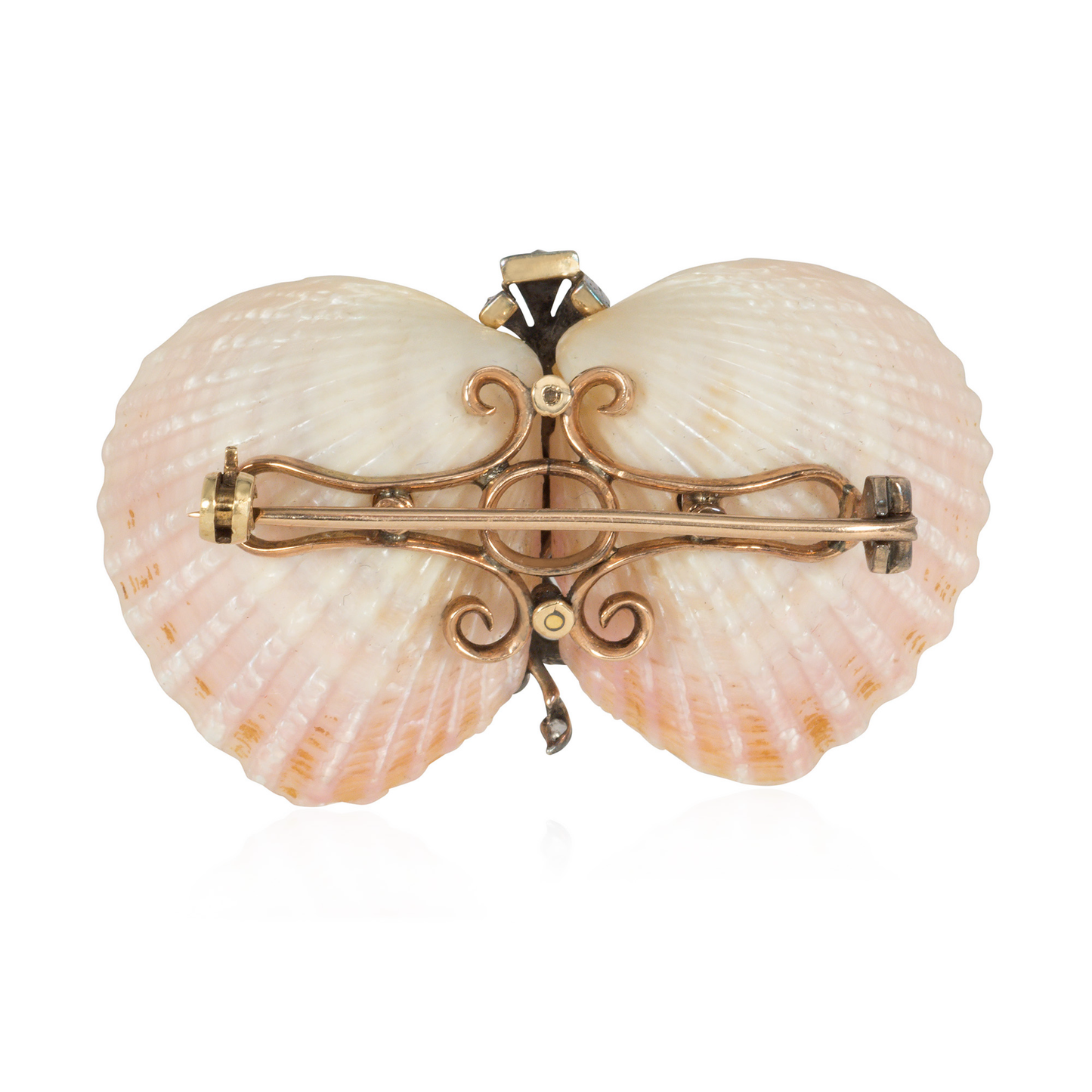 Victorian 10KT Yellow Gold Scallop Shell, Diamond, Natural Pearl & Ruby Brooch back