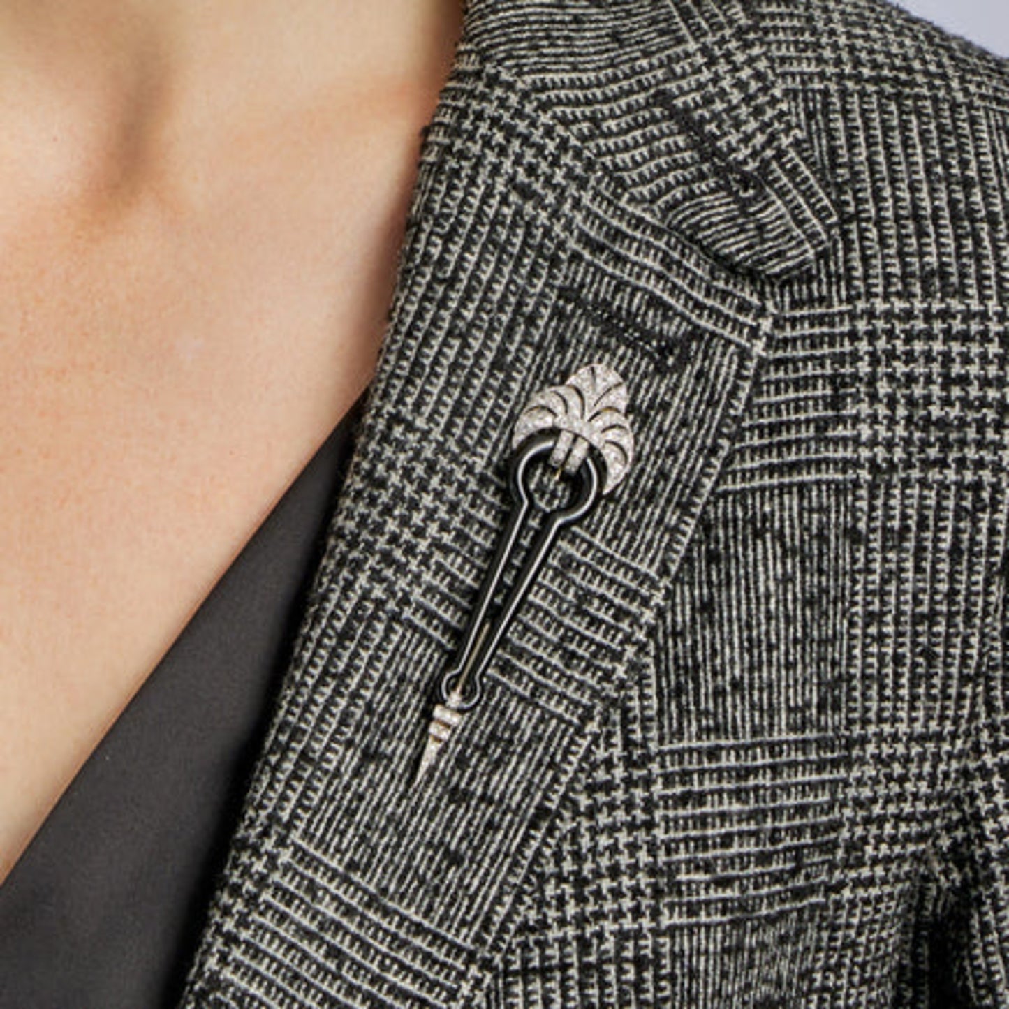 Boucheron Paris Art Deco Platinum & 18KT Yellow Gold Diamond & Enamel Brooch on lapel