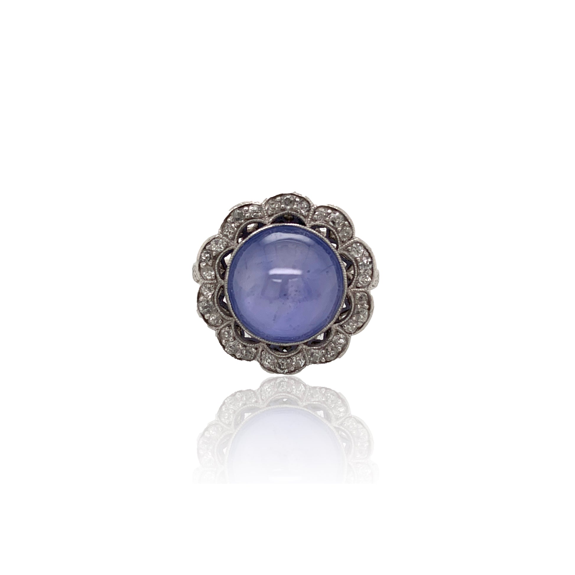 Art Deco Platinum Star Sapphire & Diamond Ring front view
