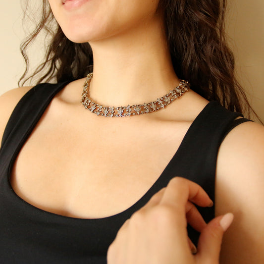 French Antique Silver & 18KT Yellow Gold Diamond Necklace on neck