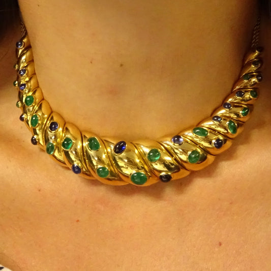 Suzanne Belperron 1930s 18KT Yellow Gold Emerald & Sapphire Necklace on neck