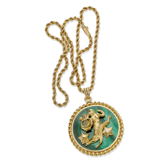 Van Cleef & Arpels French 1970s 18KT Yellow Gold Malachite Virgo Pendant Necklace front