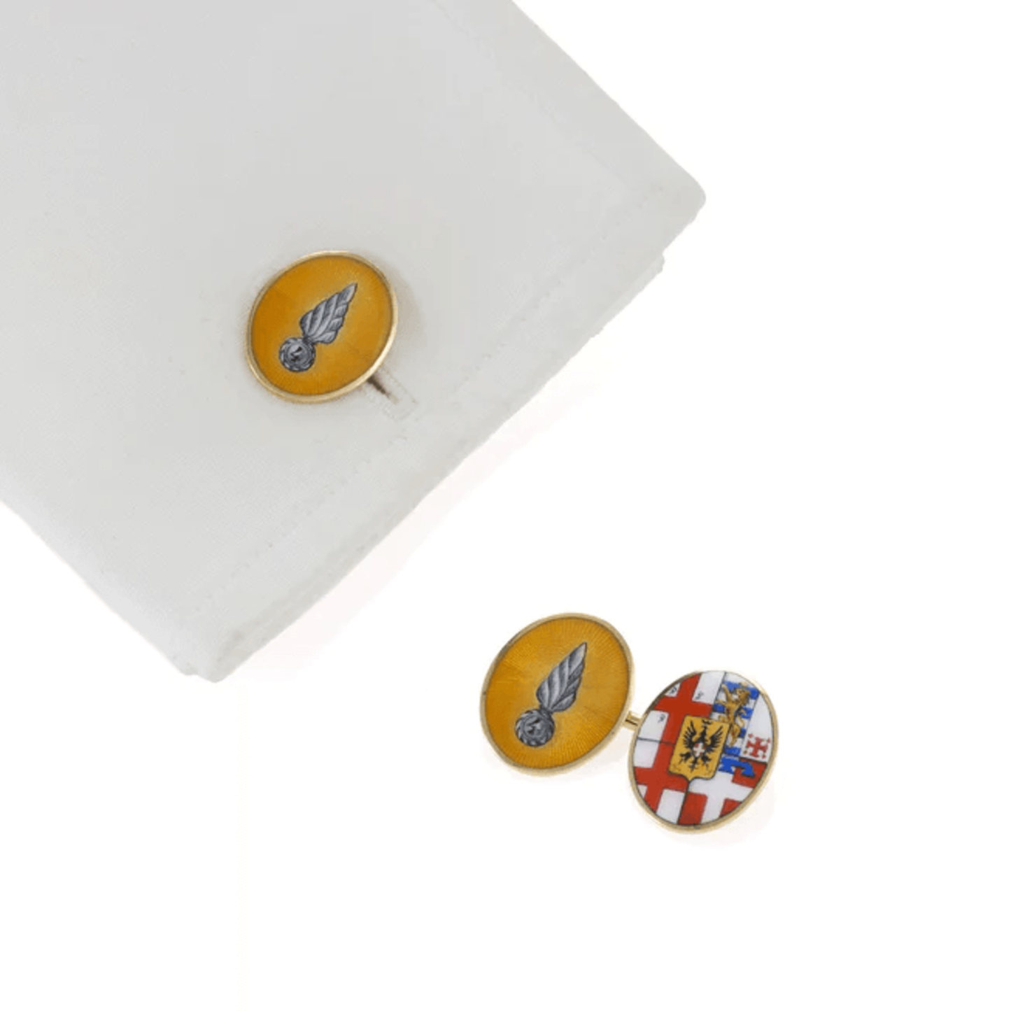 Granero Torino Italian 1980s 18KT Yellow Gold Enamel Cufflinks on cuff