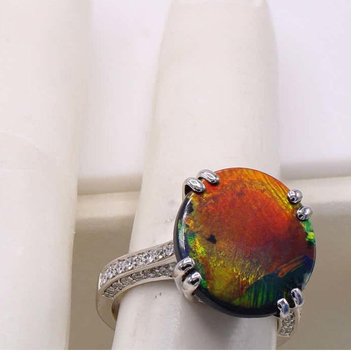 Post-1980s 18KT White Gold Opal & Diamond Ring on finger