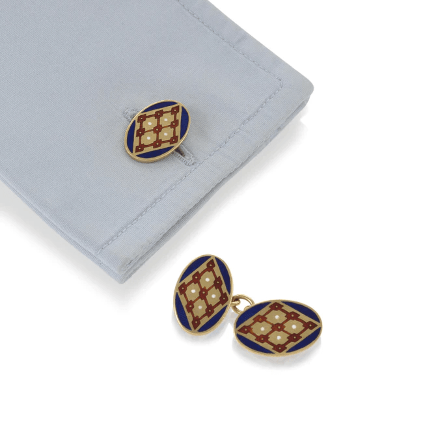 1940s 18KT Yellow Gold Enamel Cufflinks on cuff