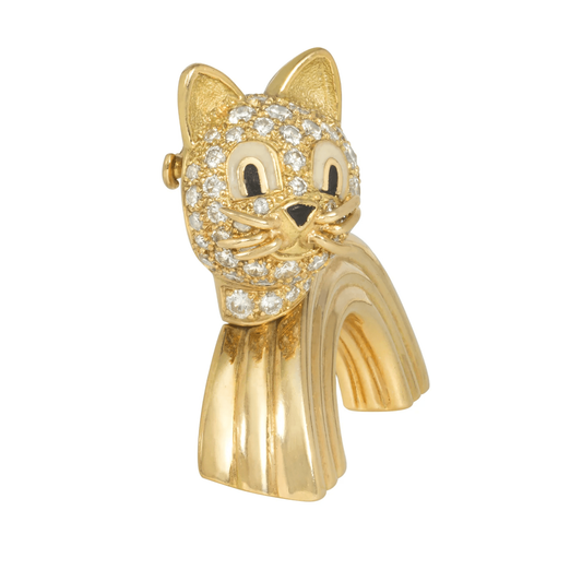 Boucheron French 1960s Platinum & 18KT Yellow Gold Diamond & Enamel Cat Brooch side
