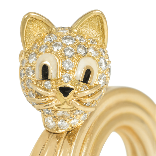 Boucheron French 1960s Platinum & 18KT Yellow Gold Diamond & Enamel Cat Brooch close-up of face