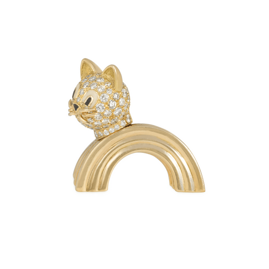 Boucheron French 1960s Platinum & 18KT Yellow Gold Diamond & Enamel Cat Brooch front