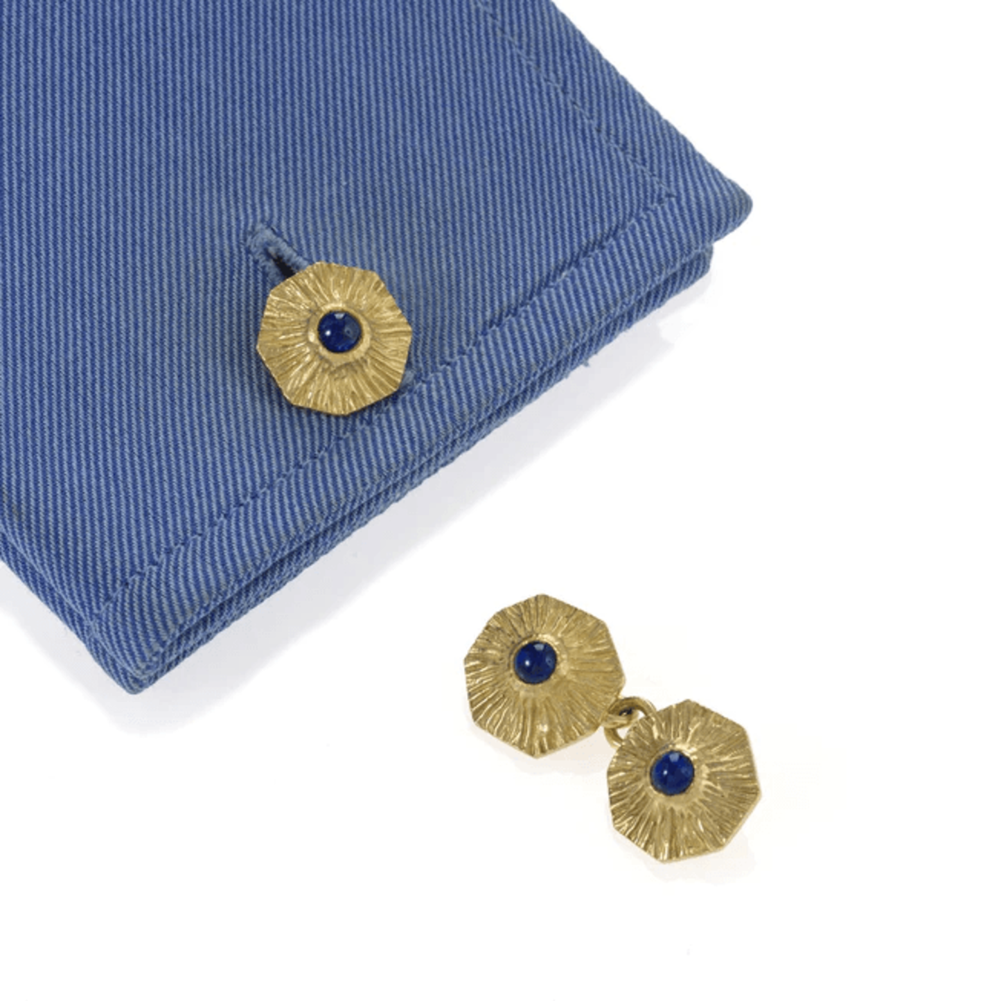 Boucheron Paris 1960s 18KT Yellow Gold Sapphire Cufflinks on cuff