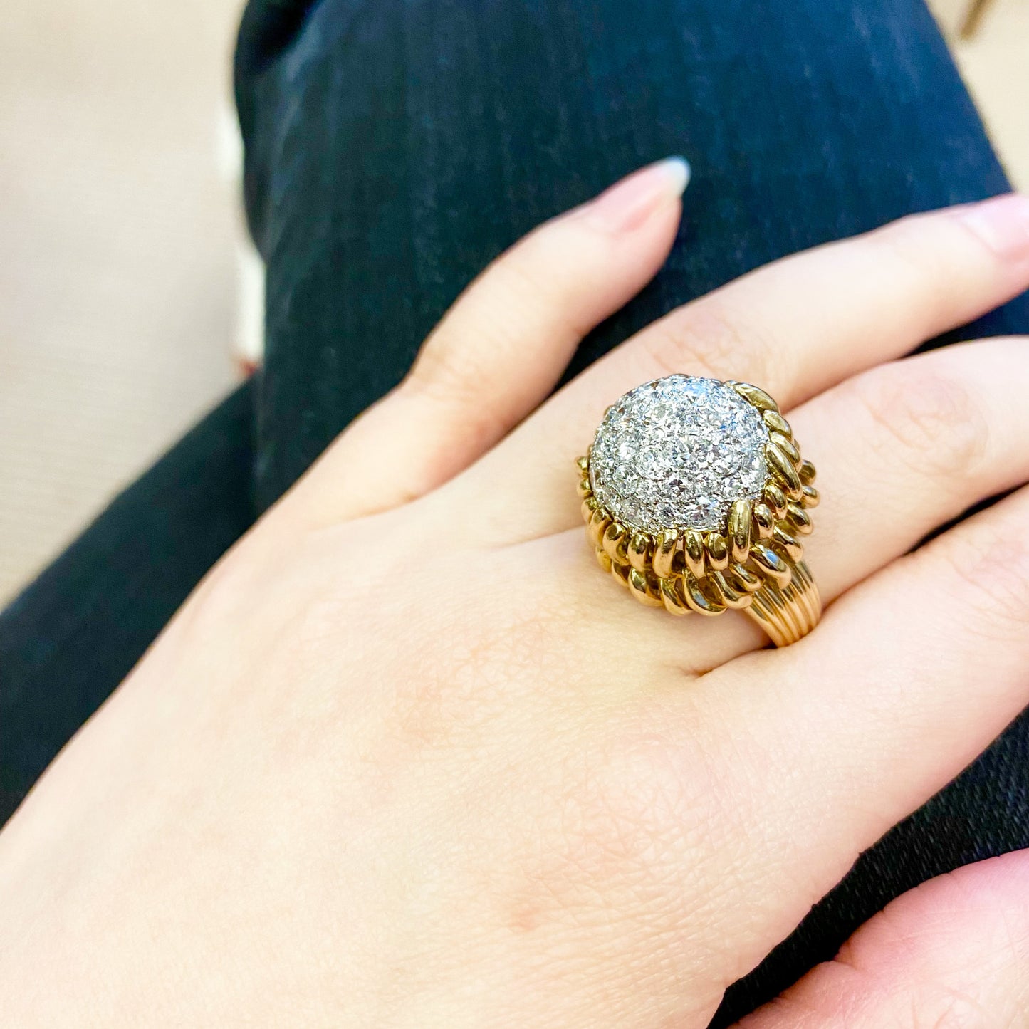 Van Cleef & Arpels 1950s yellow gold diamond ring worn