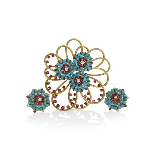 John Rubel Retro 18KT Yellow Gold Turquoise, Diamond & Ruby Set front