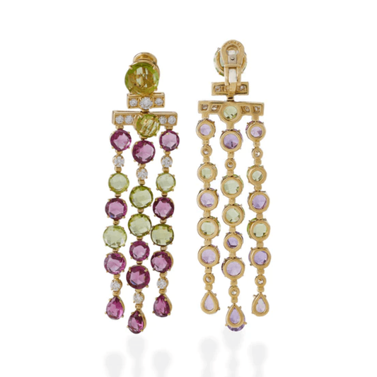 Bulgari Rome Post-1980s 18KT Yellow Gold Diamond, Peridot & Tourmaline Earrings front and back