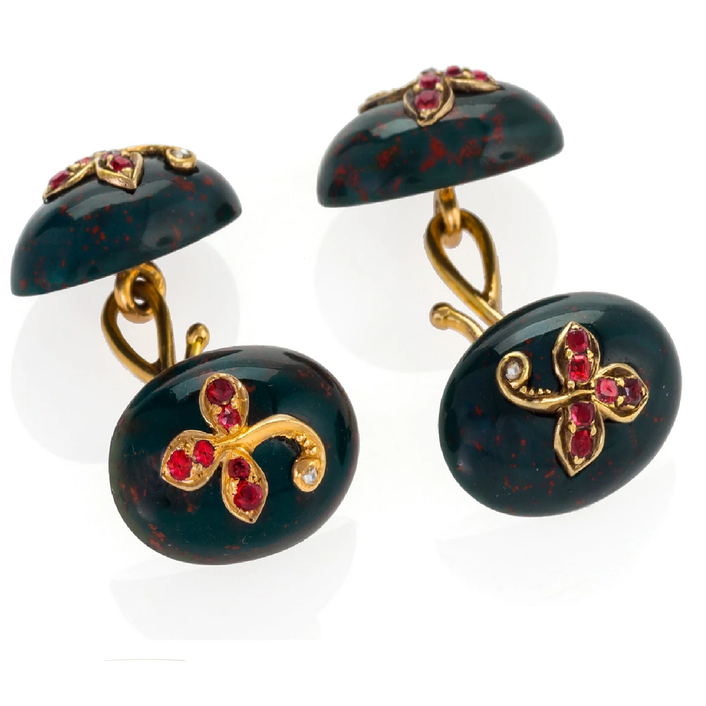 Edwardian 18KT Yellow Gold Ruby, Bloodstone & Diamond Cufflinks front