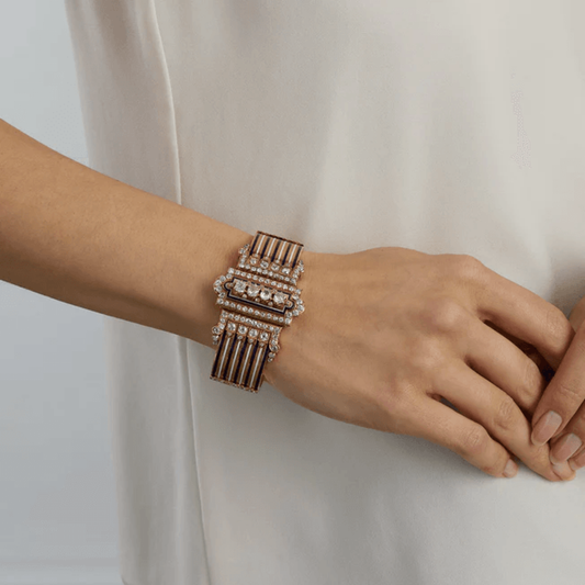 French Victorian 18KT Yellow Gold Diamond & Enamel Jarretière Bangle Bracelet on wrist