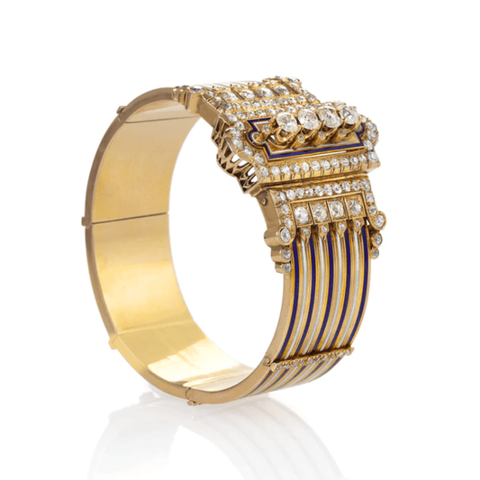 French Victorian 18KT Yellow Gold Diamond & Enamel Jarretière Bangle Bracelet profile
